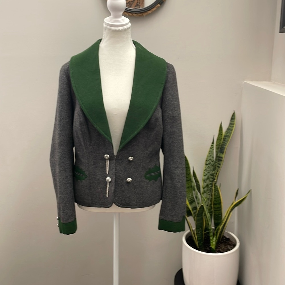 Vintage Blazer Wool Jacket Grey Green accents Sz unknown 6-8 by Marlis Bruck